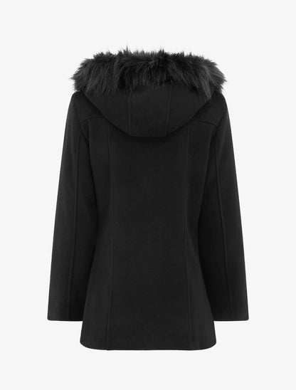 Manteau mi-long à zip asymétrique et capuche en fourrure - Noir - 2
