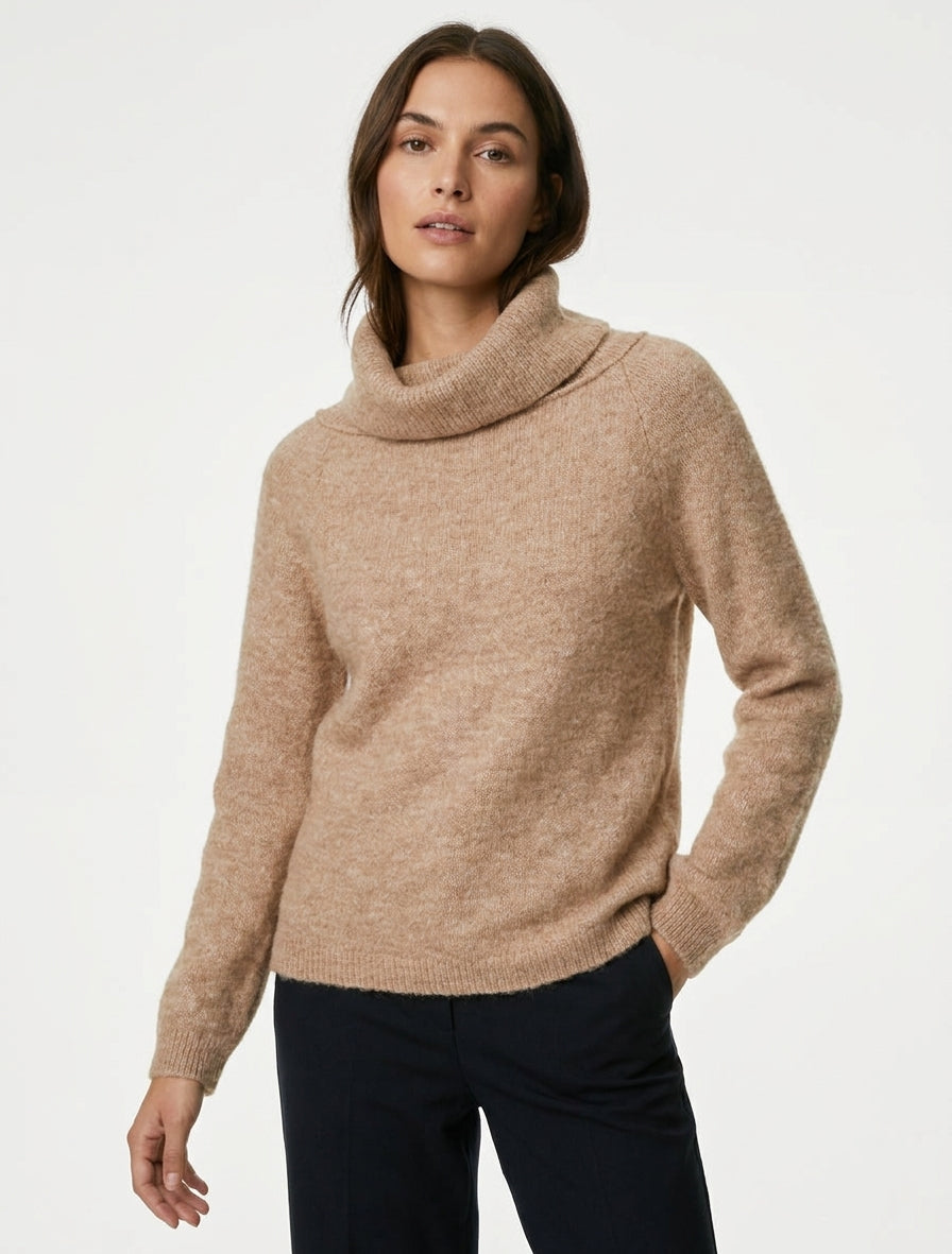 Pull en laine mélangée à col roulé - Beige