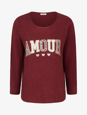Pull uni floqué à col rond - Bordeaux - 1