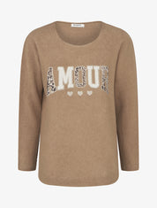 Pull uni floqué à col rond - Camel - 1