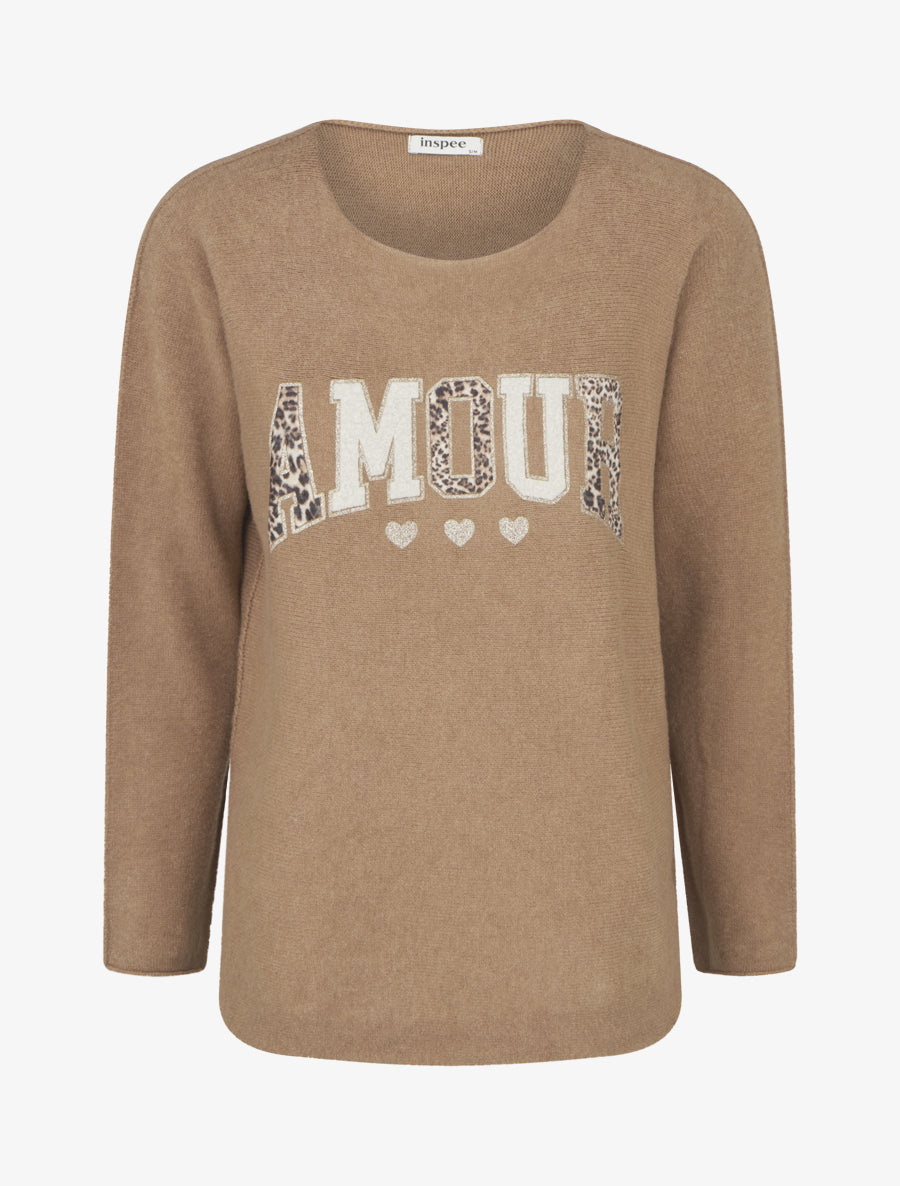 Pull uni floqué à col rond - Camel - 1
