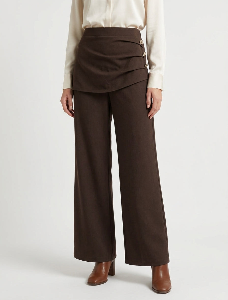 Pantalon ample taille haute et drapé - Marron
