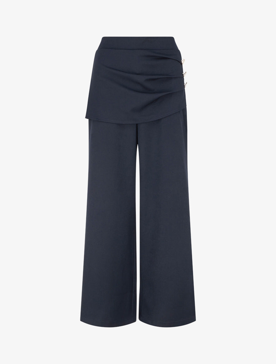 Pantalon ample taille haute et drapé - Marine - 1