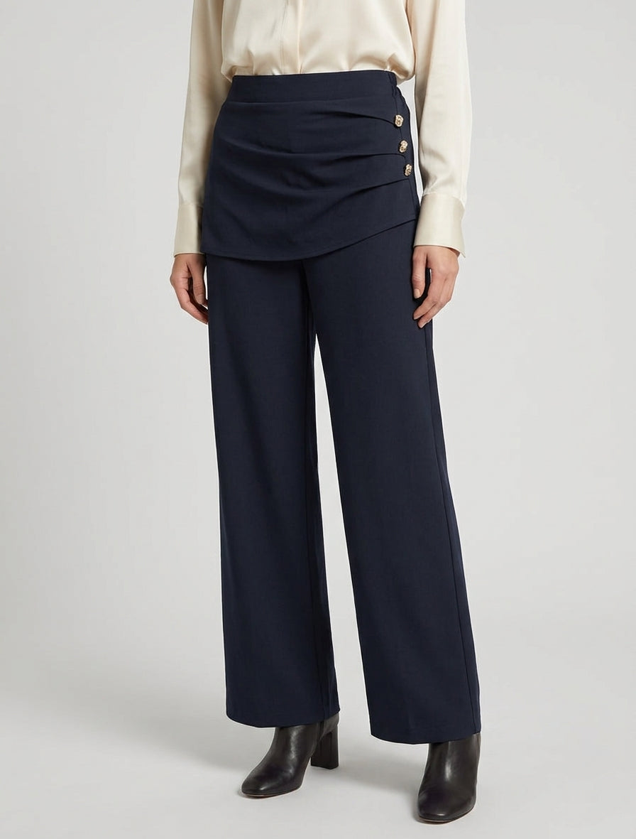 Pantalon ample taille haute et drapé - Marine