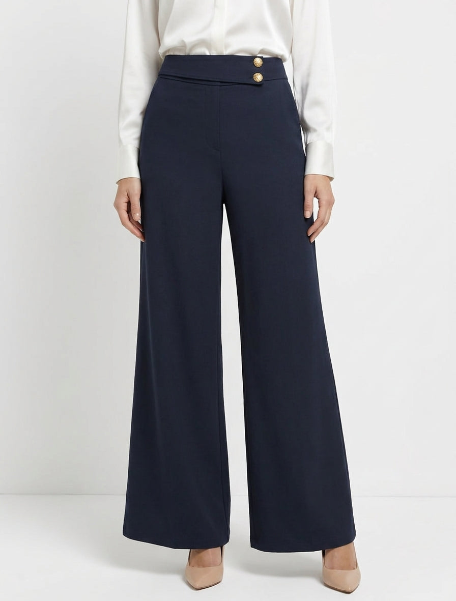 Pantalon ample taille haute élastiquée - Marine