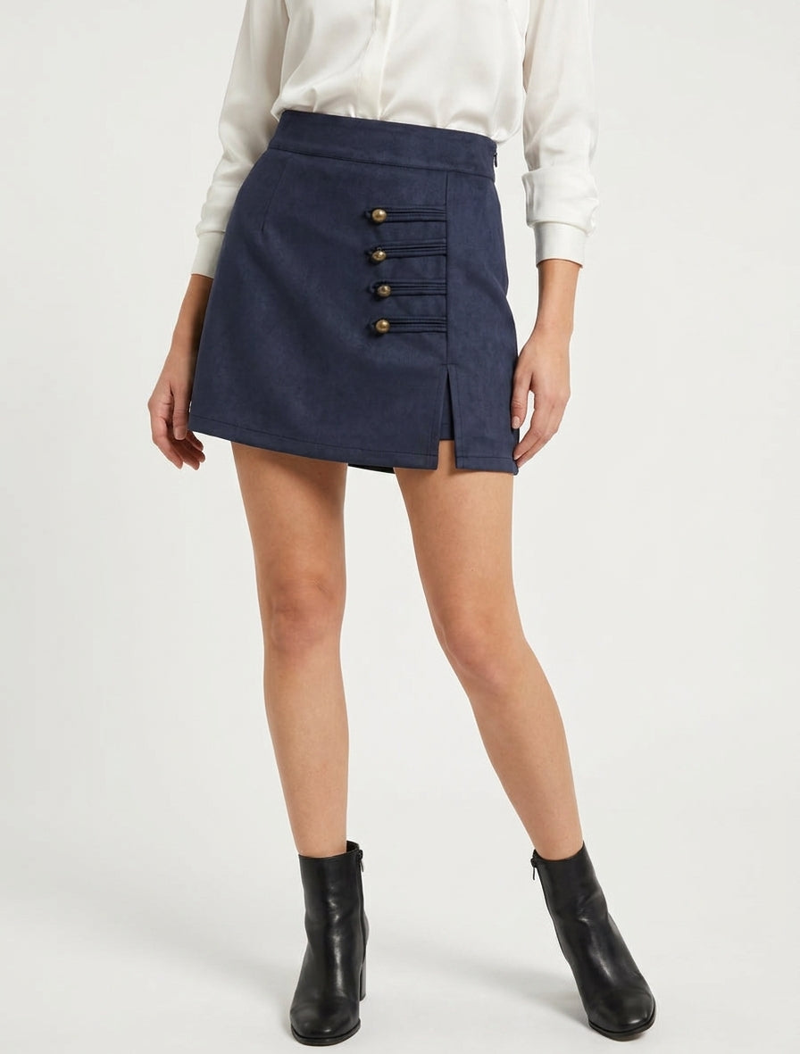 Jupe-short en suédine à boutons décoratifs - Marine