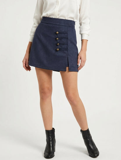 Jupe-short en suédine à boutons décoratifs - Marine