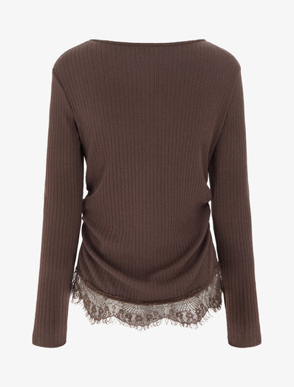 Pull côtelé bas dentelle et côtés froncés - Marron - 2