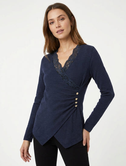 Pull fin à col cache-coeur en dentelle - Marine