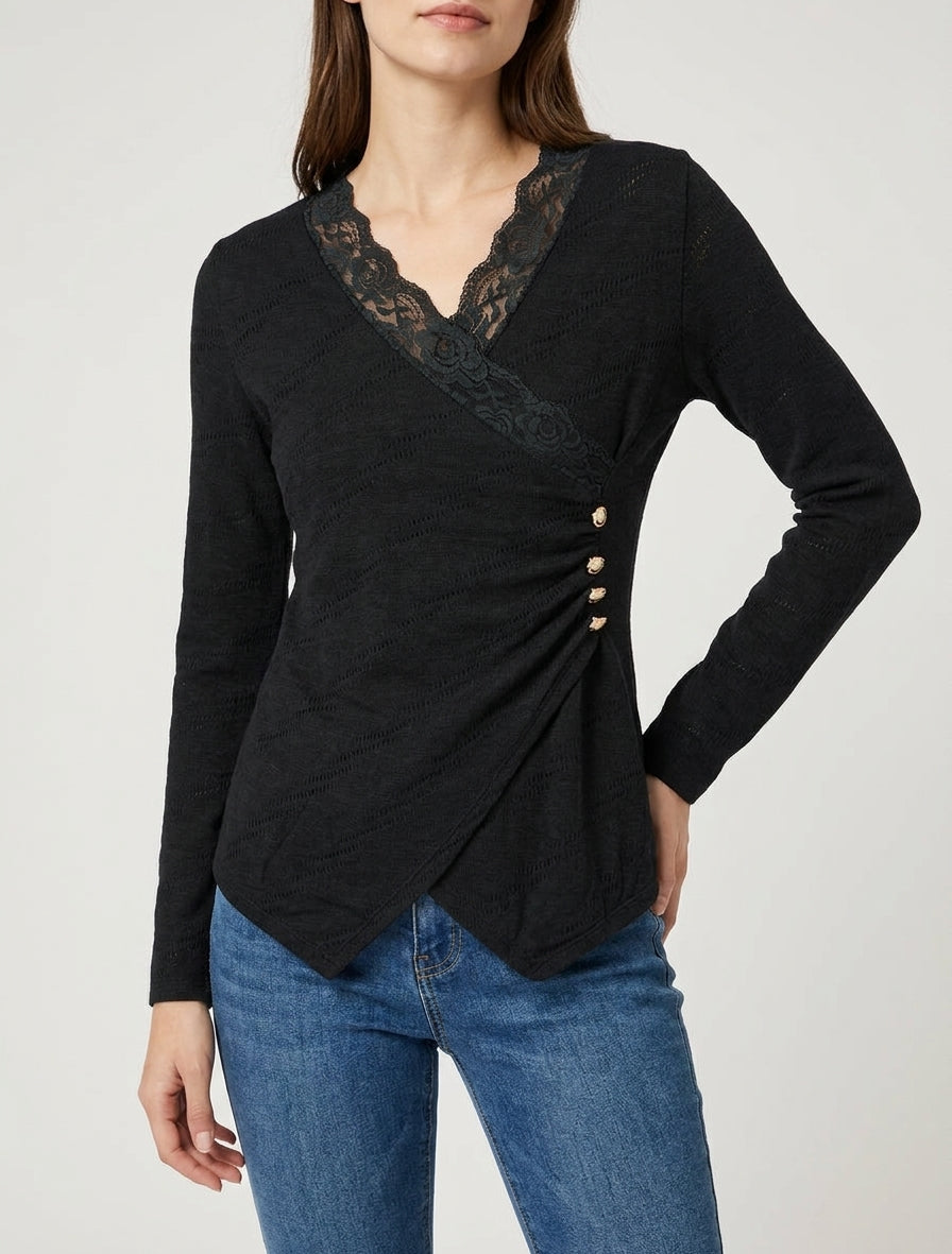 Pull fin à col cache-coeur en dentelle - Noir