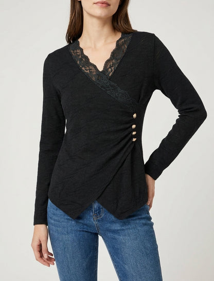 Pull fin à col cache-coeur en dentelle - Noir