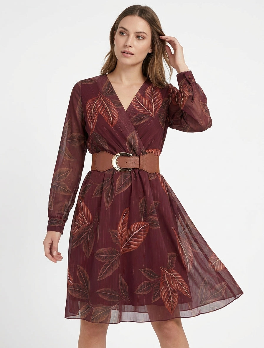 Robe mi-longue élastiquée imprimé feuilles - Lie de vin