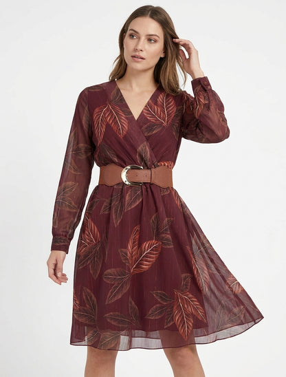 Robe mi-longue élastiquée imprimé feuilles - Lie de vin
