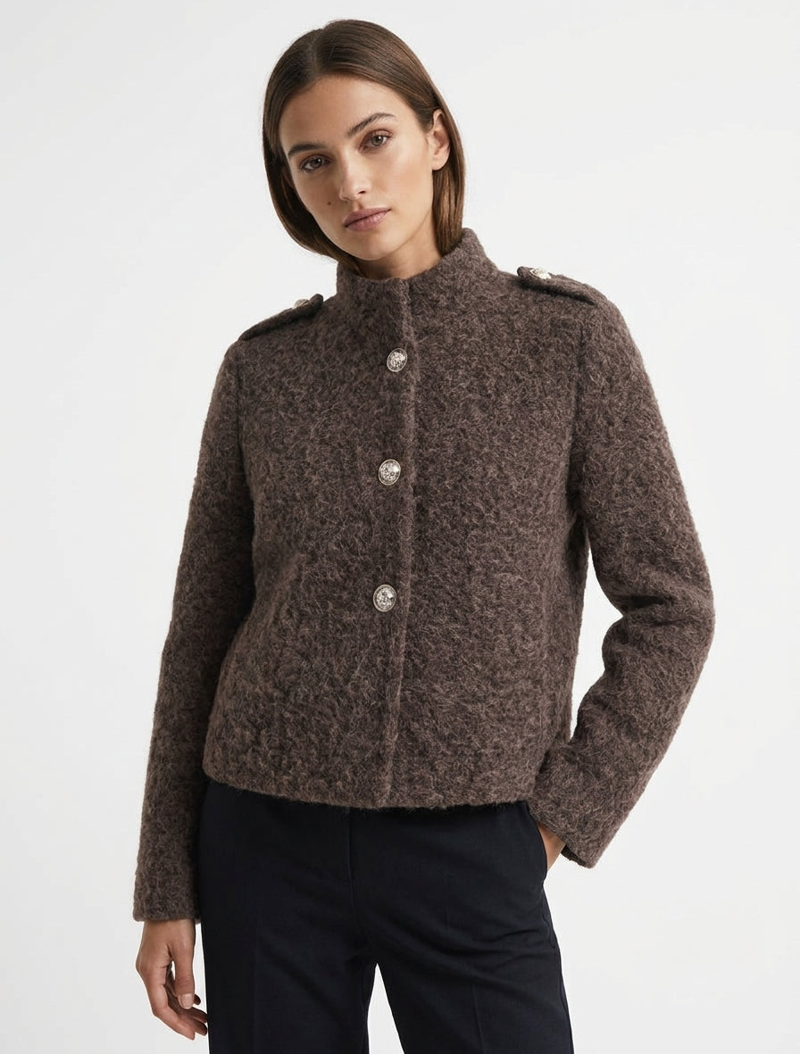 Veste courte duveuteuse et zippée - Marron