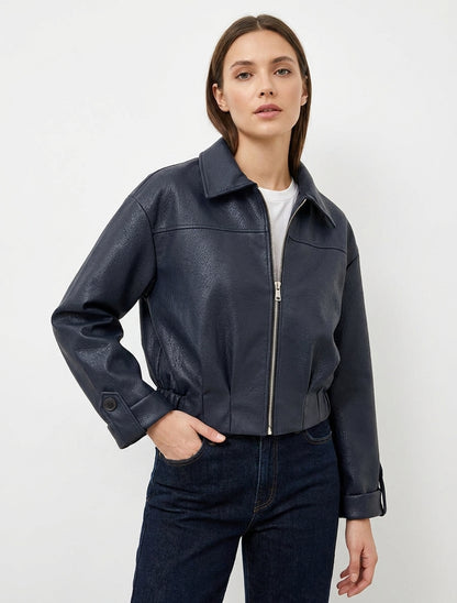 Blouson court en simili - Bleu nuit