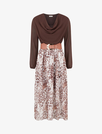 Robe droite léopard manches longues - Marron - 1
