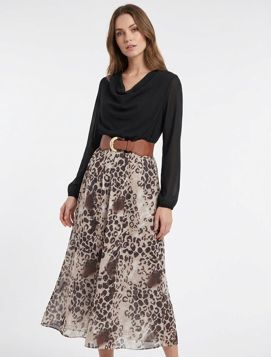 Robe droite léopard manches longues - Noir