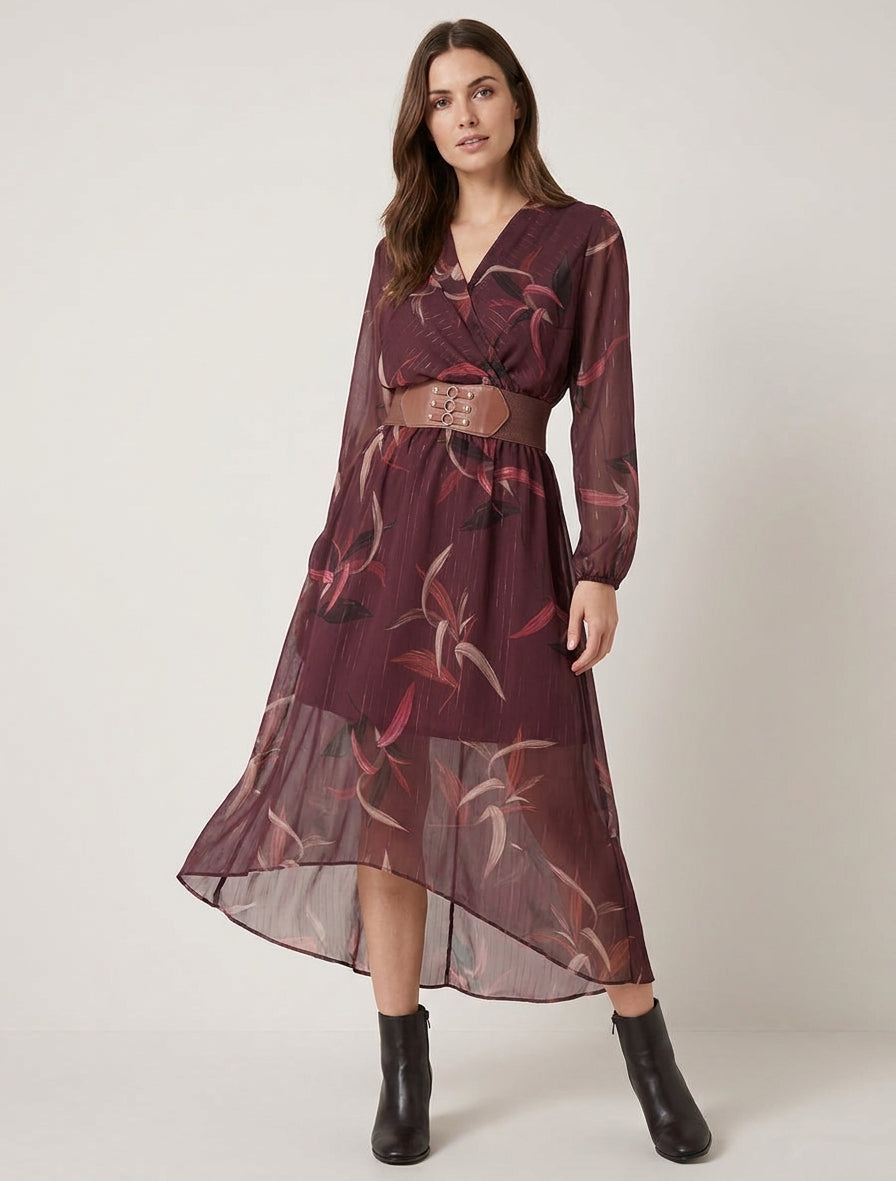 Robe longue imprimé feuilles à rayures irisées - Lie de vin