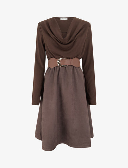 Robe bimatière à col bénitier - Marron - 1