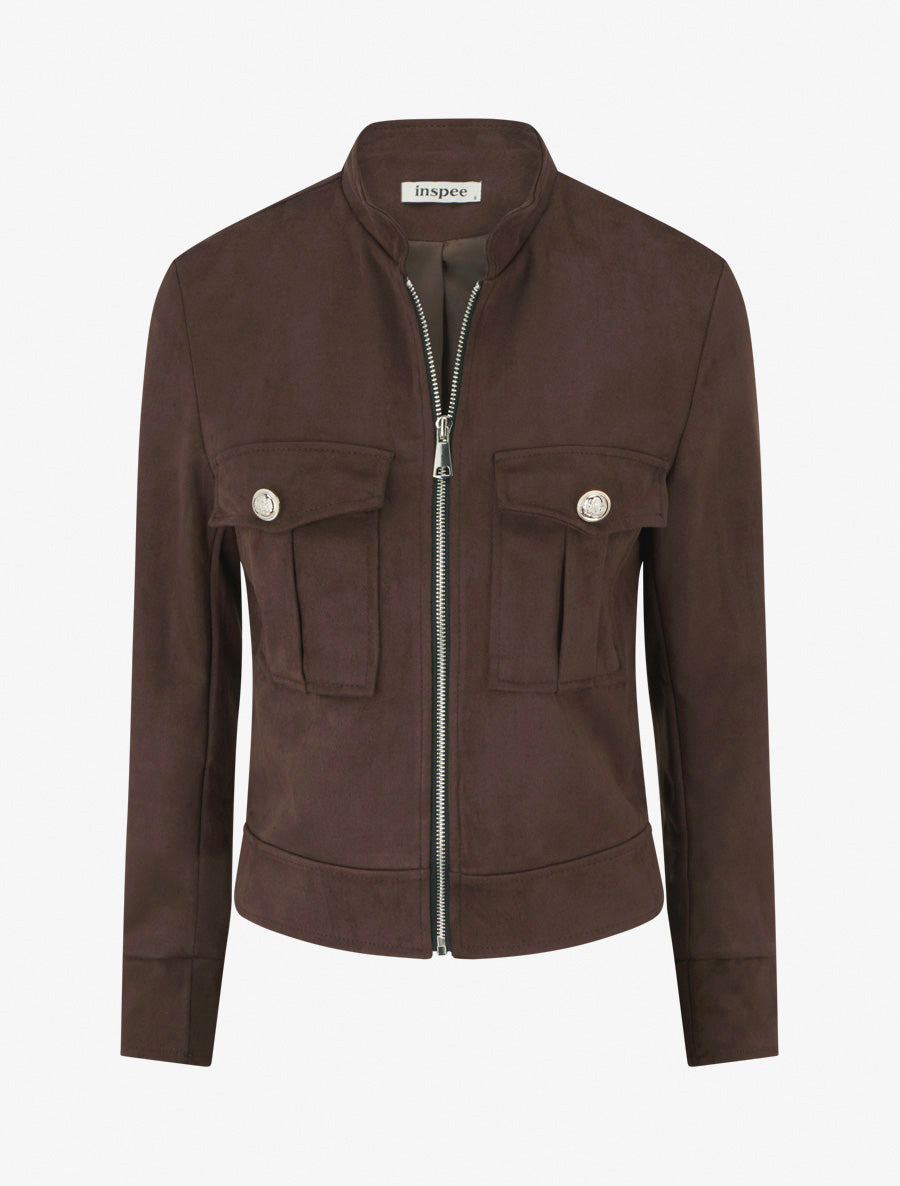Veste en suédine zippée à poche à rabat - Marron - 1