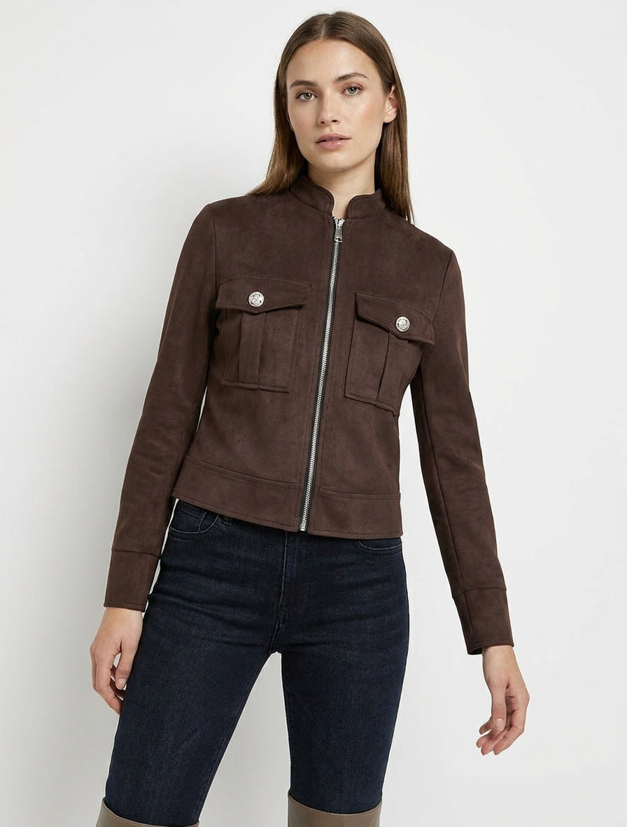 Veste en suédine zippée à poche à rabat - Marron