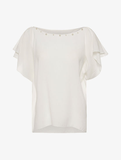 Blouse mousseline col perlé - blanc - 1