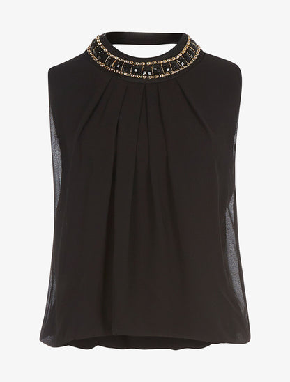 Top voile col bijoux noir - Noir - 1