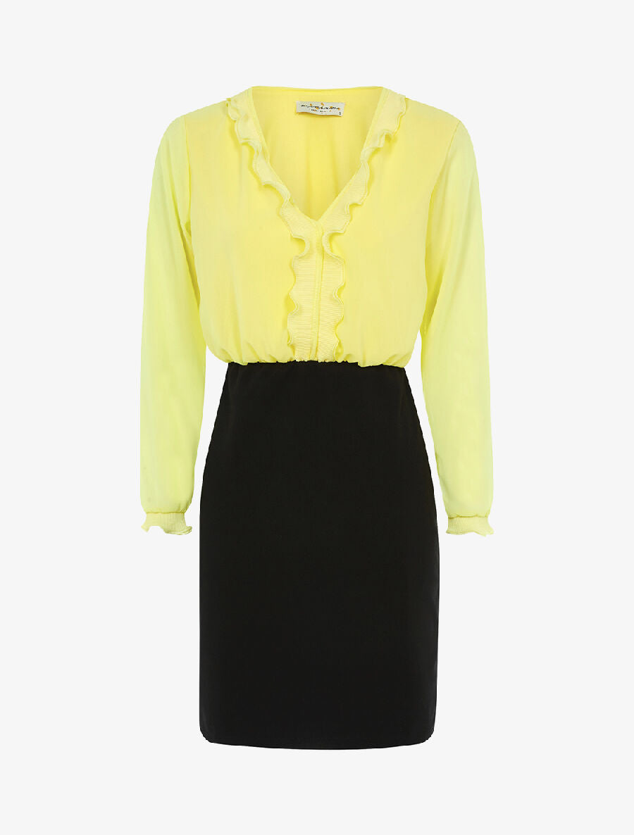 Robe à buste volanté - jaune fluo/noir - 1