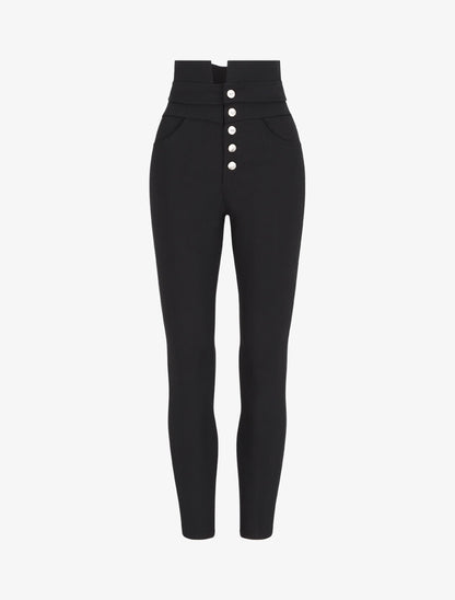 Pantalon slim taille haute à boutons dorés - Noir - 4