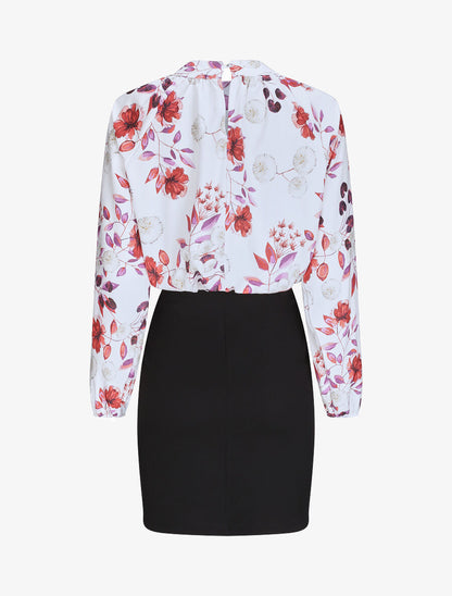 Robe bi-matière à imprimé pissenlits et roses - Blanc - 2