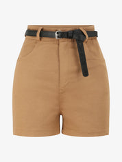 Short évasé uni à taille haute - Camel - 1