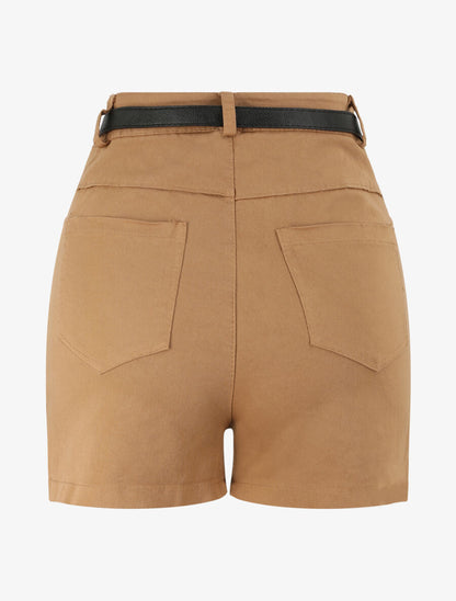 Short évasé uni à taille haute - Camel - 2