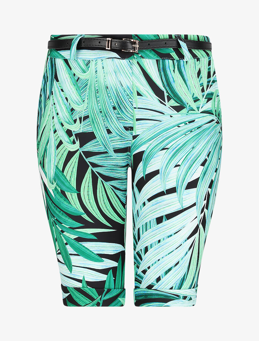 Bermuda à ourlets imprimé feuilles tropicales - Vert - 1