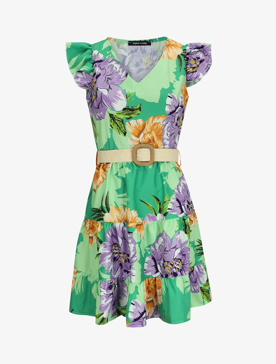 Robe patineuse volantée imprimé pivoines - Vert - 1