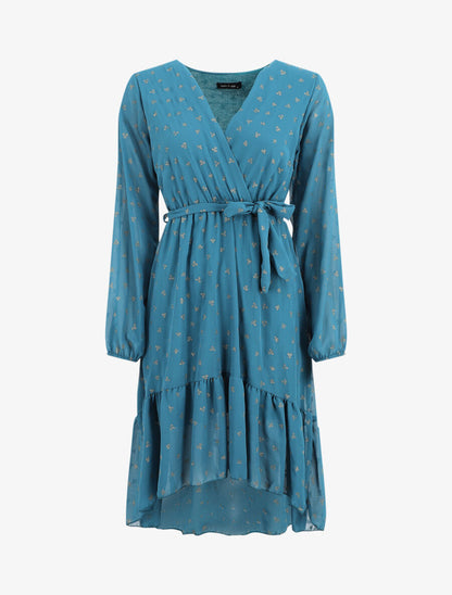 Robe élastiquée imprimée feuilles irisées - Bleu canard - 5