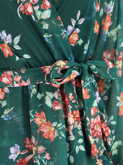 Robe à volants imprimé bouquet automnal - Vert - 3