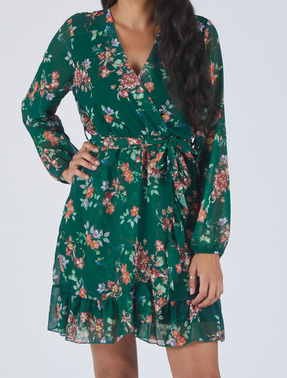Robe à volants imprimé bouquet automnal - Vert - 4