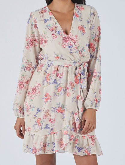 Robe à volants imprimé bouquet automnal - Beige - 4