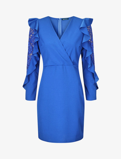 Robe unie à manches longues volantées en dentelle - Bleu roi - 1