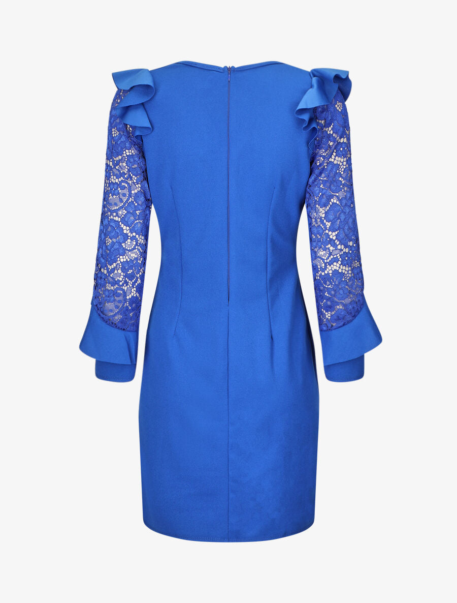 Robe unie à manches longues volantées en dentelle - Bleu roi - 2