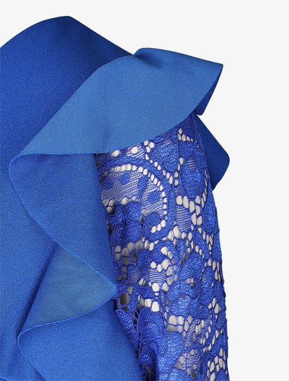 Robe unie à manches longues volantées en dentelle - Bleu roi - 3