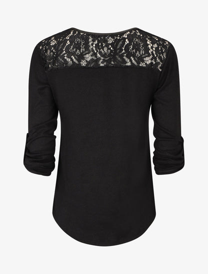 Pull à manches retroussables et dentelle - Noir - 2