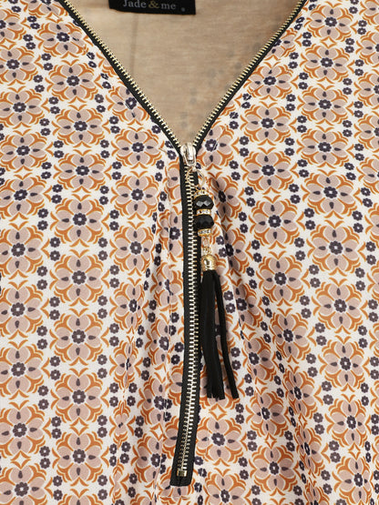 Blouse ample imprimé mosaïque fleurie à col zippé - Beige - 3