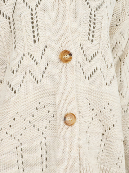 Cardigan grosse maille ajourée et bords côtelés - Beige - 3