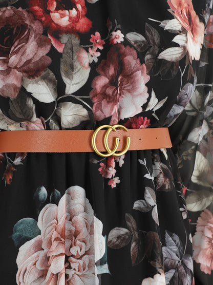 Robe évasée col montant imprimé floral - Noir - 3