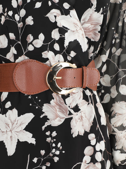 Robe mi-longue à imprimé fleuri - Noir - 3