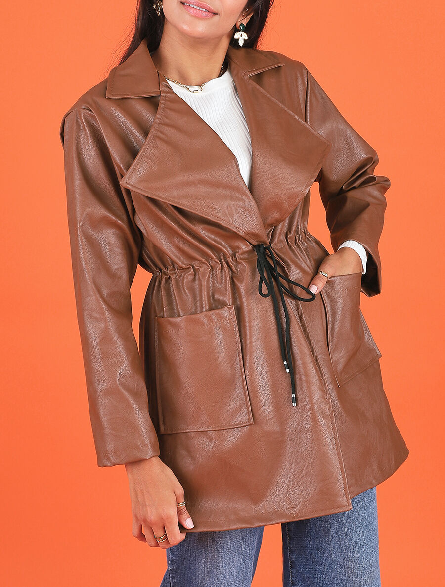 Veste mi-longue en simili - Marron - 4