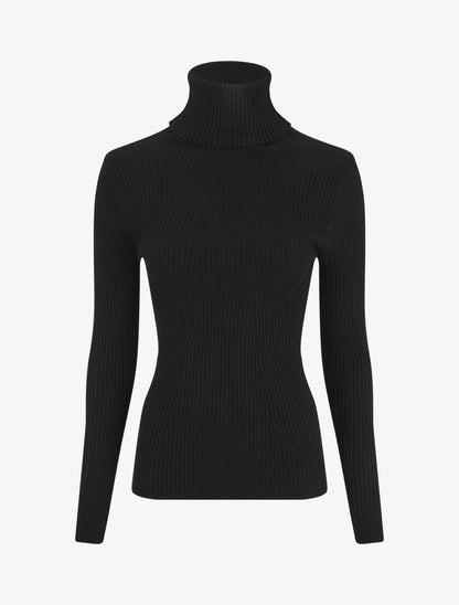 Pull uni côtelé à col roulé - Noir - 3