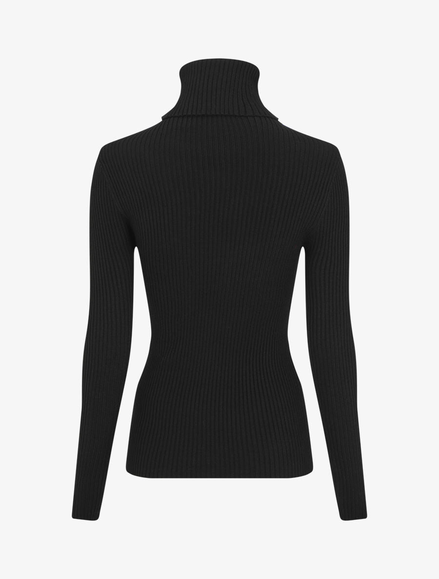 Pull uni côtelé à col roulé - Noir - 2