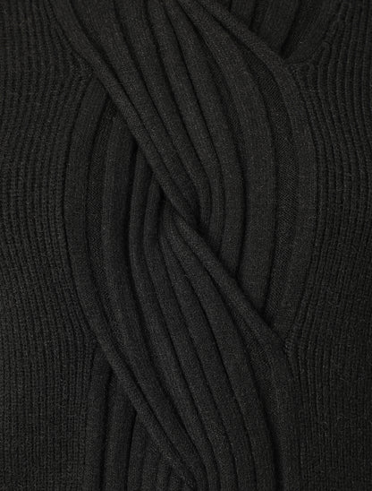 Pull uni à col roulé et motif torsade - Noir - 3